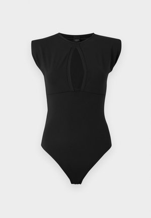 Fekete ujjatlan bodyn, elől kivágással, sima, rugalmas anyagból készült. Feszülő fazonú, minimális varrási részletekkel.