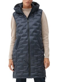 Navy gepolsterte Weste mit Kapuze, ausgestattet mit einem Reißverschluss, zwei seitlichen Taschen, strukturiertem Stoff und einem mittellangen Schnitt.