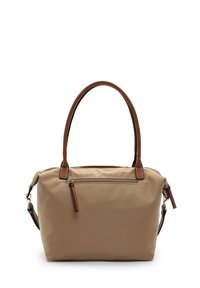 Borsa a mano in nylon beige con dettagli in pelle marrone, doppi manici e una tracolla removibile. Presenta una tasca con zip sulla parte anteriore.