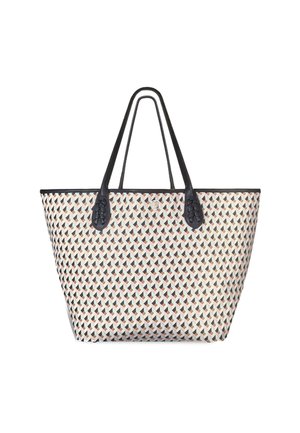 Large patterned tote bag with a geometric design in pastels and black, featuring two sturdy handles for easy carrying.