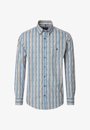 Gestreiftes Hemd in Blau, Orange und Cremefarben. Mit Knopfleiste am Kragen, langen Ärmeln, einer Brusttasche und dezenten horizontalen Mustern.