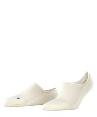 Beige no-show socks made of cotton blend, featuring ribbed texture, seamless design, and a small blue logo on the side.