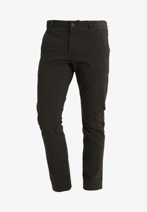 Mørkebrune chinos med lige ben, lavet af bomuldsstof, med frontknaplukning og sidelommer.