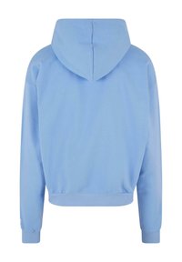 Lichtblauwe hoodie met een cropped ontwerp, lange mouwen, ribbels aan de manchet en een gladde stoftextuur. Achteraanzicht weergegeven.