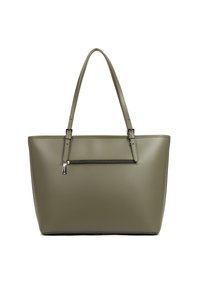 Borsa tote verde oliva con doppio manico, dotata di una tasca con zip sulla parte anteriore. Finitura liscia e opaca, adatta per uso casual o professionale.