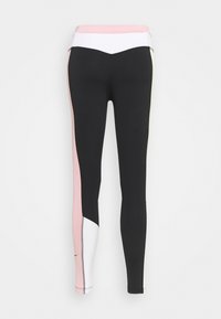 Leggings sports neri con una vita e pannelli laterali rosa e bianchi; presentano textures e cuciture a contrasto.