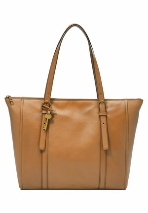 Sac cabas en cuir fauve avec double bandoulière, couture verticale, fermeture éclair et breloque clé dorée décorative sur la sangle avant gauche.