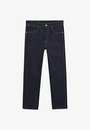 Donkerblauwe jeans met rechte pijpen, voorzakken, riemlussen, knoopsluiting en zichtbare stikseldetails.
