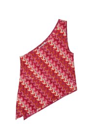 Top asimétrico sin mangas en rosa con un patrón repetitivo de hojas estilizadas en rojo y blanco, hecho de una tela ligera y texturizada.