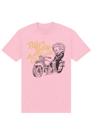 Różowa bawełniana koszulka z czarną grafiką postaci na motocyklu, z napisem "Biker Betty Motorcycle Club" w kolorze żółtym.