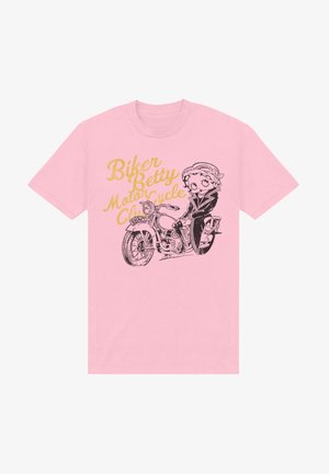 T-shirt di cotone rosa con grafica nera di un personaggio su una motocicletta, con il testo "Biker Betty Motorcycle Club" in giallo.