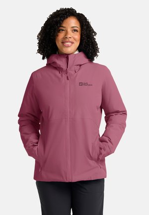Giacca con cappuccio resistente all'acqua di colore rosa pallido, con zip frontale, tasche e logo. Tessuto liscio, vestibilità sagomata e design leggero.