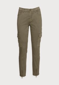 Olive green cargo pants made of cotton blend, featuring multiple pockets, zipper accents at ankles, and a fitted design.
