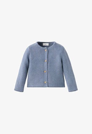Svetlo modra pletena jopa z dolgimi rokavi, okrolim ovratnikom in petimi lesenimi gumbi spredaj. Rebrast rob in detajli teksture.