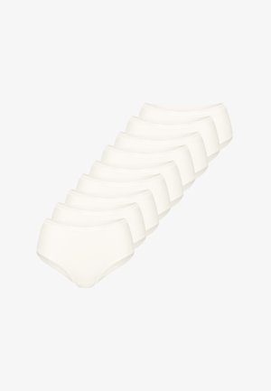 Dix paires de slips en coton blanc avec une texture lisse, une coupe taille moyenne et une ceinture élastique, disposées en formation décalée.