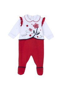 Body para bebé en rojo y blanco con tela texturizada, mangas con volantes, bordado floral y cierre de botones a presión en la parte trasera.