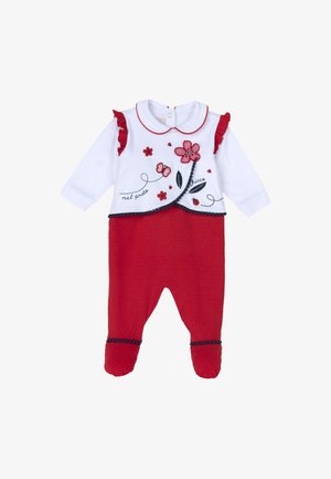 Body pour bébé rouge et blanc en tissu texturé, avec manches volantées, broderie florale et fermeture à pression dans le dos.