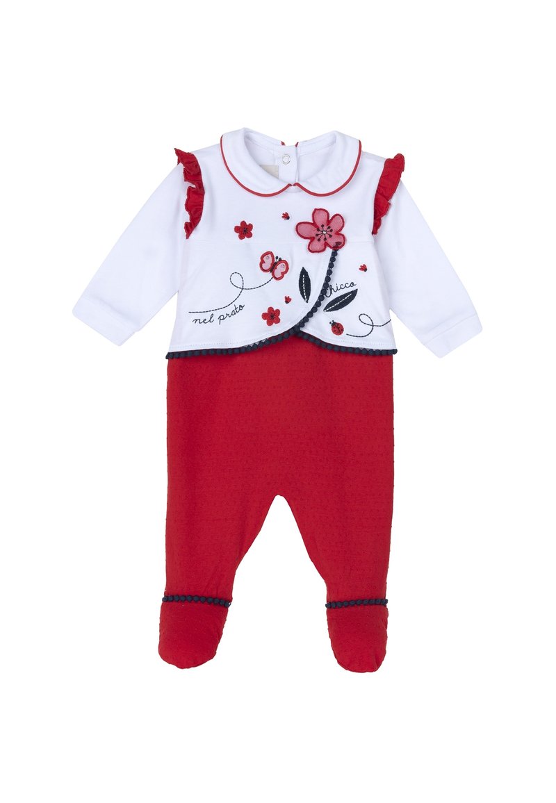 Body para bebé en rojo y blanco con tela texturizada, mangas con volantes, bordado floral y cierre de botones a presión en la parte trasera.