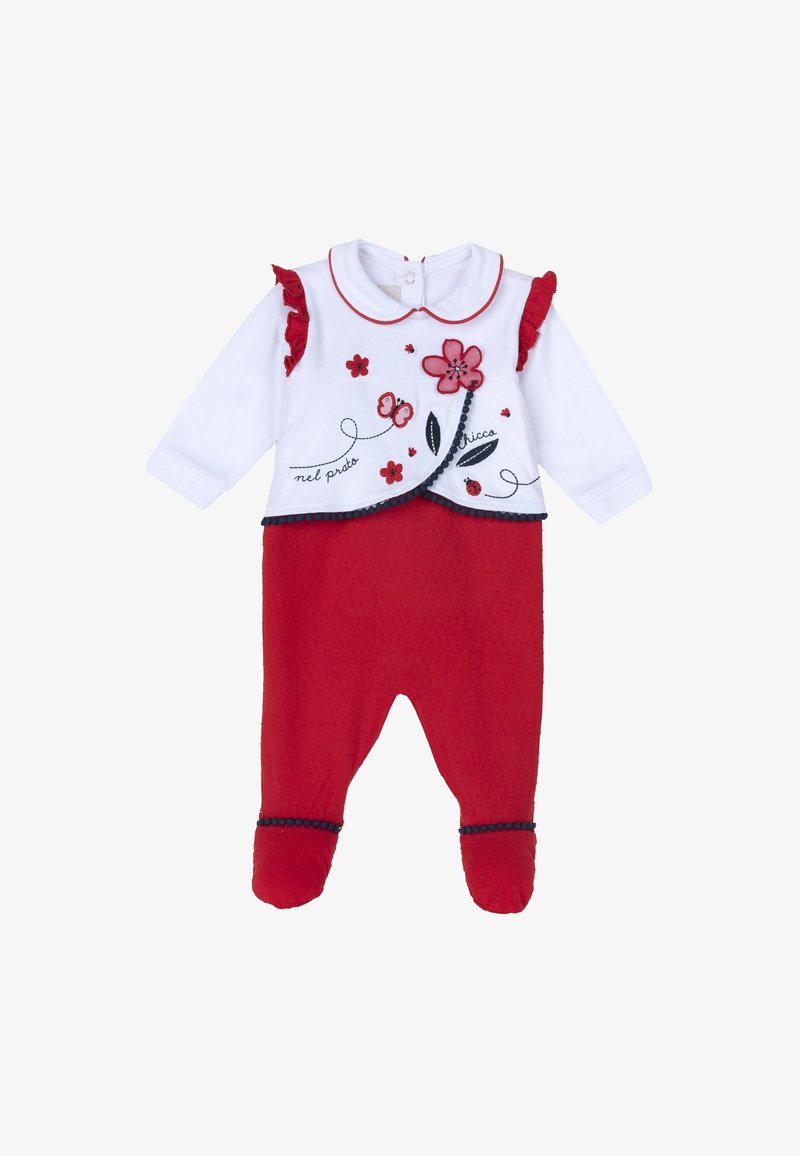 Body para bebé en rojo y blanco con tela texturizada, mangas con volantes, bordado floral y cierre de botones a presión en la parte trasera.