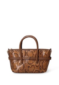 Bruine handtas met slangenprint en een gestructureerd ontwerp, voorzien van een gladleren rand, twee bovenhandvatten en een afneembare schouderband.
