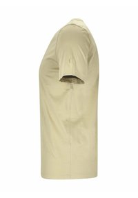 Short-sleeve t-shirt in khaki color, made of soft fabric. Features a crew neck and a subtle logo on the sleeve. Smooth texture, classic fit.