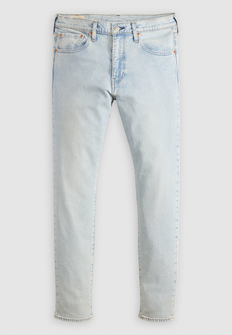 Lyseblå denimjeans med rett ben-design, fem lommer og synlige sømdetaljer langs sømmene. Klassisk knappelukking.