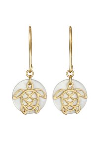 Des boucles d'oreilles en or en forme de tortue présentent un fond rond en nacre avec un motif texturé ; des crochets longs et élégants pour un port sécurisé.