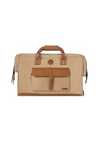 Beige Canvas-Tasche mit einem braunen Lederdeckel, zwei oberen Griffen und einem Reißverschluss. Verfügt über eine Vorderseite mit einer Schnallen-Detail.