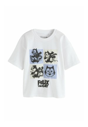 White short-sleeve t-shirt featuring four black-and-white Felix the Cat cartoon panels and "Felix the Cat" text below.