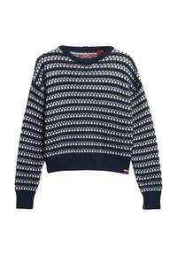 Suéter de punto azul marino con un patrón blanco, diseño corto, cuello redondo y puños y bajo acanalados. Presenta una pequeña etiqueta roja en el lateral.
