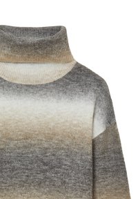 Strickpullover mit hohem, geripptem Rollkragen; zeigt ein Farbverlaufsmuster von Creme über Taupe bis hin zu Dunkelgrau und präsentiert eine weiche Textur.