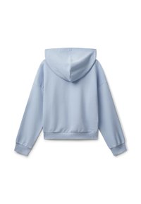 Felpa cropped blu chiaro con maniche lunghe, polsini a coste e cappuccio, mostrata dal retro su uno sfondo bianco.