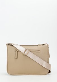 Borsa a tracolla in finta pelle beige con tracolla removibile, dotata di tasca frontale con zip e design minimalista.