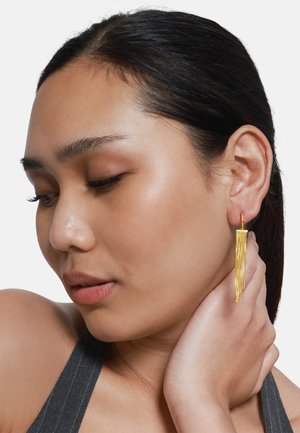 Gouden drop oorbellen met een verticaal franjes ontwerp, met een dunne ring en langwerpige, gestructureerde metalen strengen.