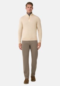 Pull beige à col zippé fabriqué à partir d'un matériau doux, porté avec un pantalon marron clair et des chaussures brunes. Design ajusté avec une texture lisse.