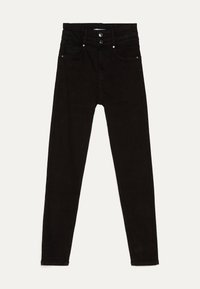 Jeans ajustados de mezclilla negra con cintura alta, que cuentan con dos bolsillos frontales, dos traseros y una textura suave. Diseño de cierre de doble botón.
