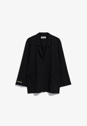 Schwarzer übergroßer Blazer aus weichem Stoff mit Reverskragen, zwei Vorderaschen und einem Logo-Detail am Ärmel.