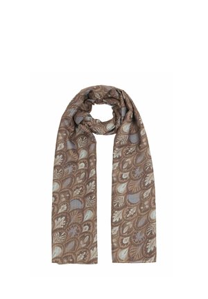 Brauner Schal mit Paisley-Muster in Blau- und Beigetönen, locker gefaltet mit beiden Enden, die nach unten hängen.