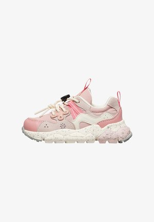 Chunky pink and beige sneaker with speckled white sole, white laces with black toggle, and pink pull tabs on tongue and heel.