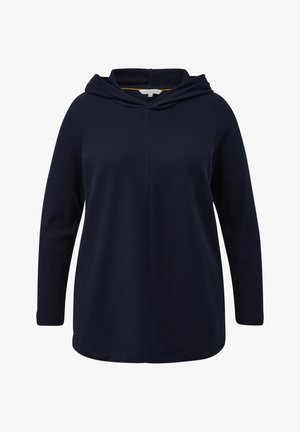 Navyblauwe hoodie met een getextureerde stof en diagonale ribbels, lange mouwen en een opvallende naaddetail aan de voorkant.