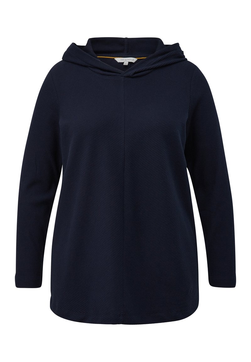Granatowy hoodie z kapturem, wykonany z fakturowanej tkaniny o skośnych prążkach, z długimi rękawami i wyraźnym detalem szwu z przodu.