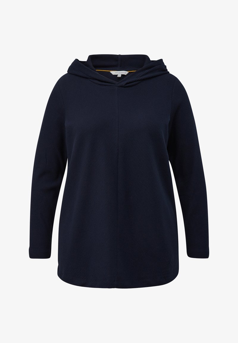 Marineblaues Kapuzensweatshirt aus strukturiertem Material mit diagonaler Rippung, langen Ärmeln und einem auffälligen Vordernahtdetail.