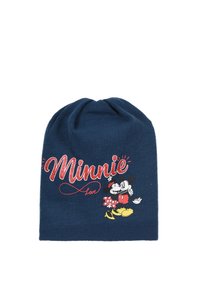 Berretto a maglia blu navy con un design "Minnie Love" in rosso e bianco, che presenta grafiche di Minnie e Mickey Mouse. Texture morbida, forma aderente.