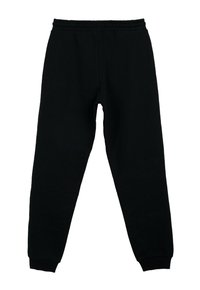 Czarne dresy z elastycznym pasem i mankietami. Wykonane z miękkiej mieszanki bawełny, o gładkiej fakturze i bez widocznych wzorów.