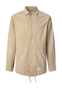 Giacca in cotone beige con chiusura a bottoni, colletto a punta, due tasche frontali e cordoncino regolabile all'orlo. Texture liscia.