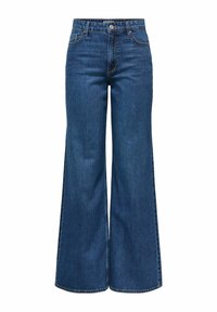 Jean en denim bleu foncé taille haute avec jambes larges, bouton à l'avant, fermeture éclair et design à cinq poches.