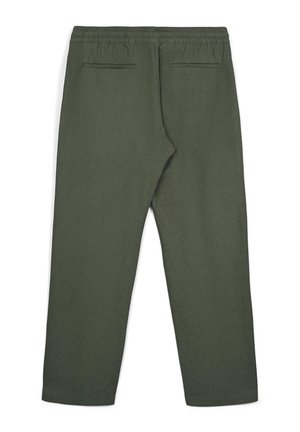 Pantalon léger en coton vert olive avec taille élastique, deux poches arrière, coupe droite et texture lisse.
