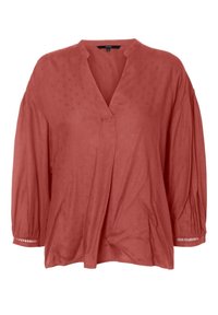 Blusa color óxido con cuello en v, mangas abullonadas de tres cuartos y corte holgado. Presenta sutiles patrones texturizados y detalles decorativos en las mangas.