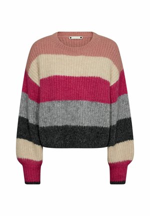 Knit sweater featuring horizontal stripes in pink, cream, gray, and black. Cropped design with ribbed texture and long sleeves.