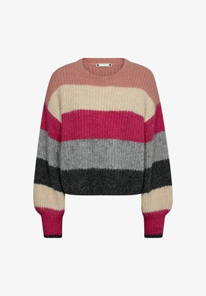 Maglione all'uncinetto con strisce orizzontali nei colori rosa, crema, grigio e nero. Design accorciato con texture a coste e maniche lunghe.